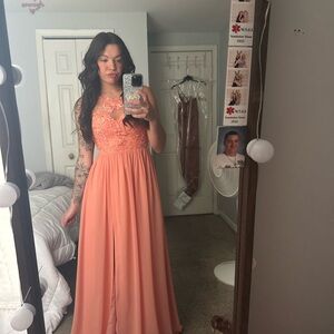 Elegant Peach Lace Evening Gown